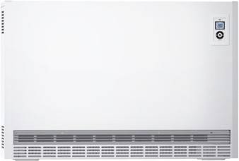 Radiator monteret på væg, hvid overflade med gråt ventilationsgitter nederst og digitalt display øverst til højre.