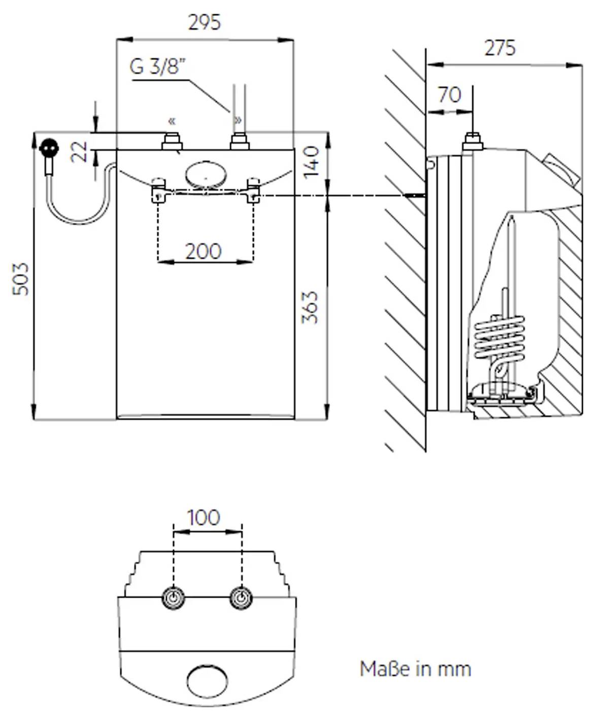 Teknisk diagram af en varmeenhed med mål i millimeter. Hovedvisningen viser en forside og sidesektion med dimensioner.