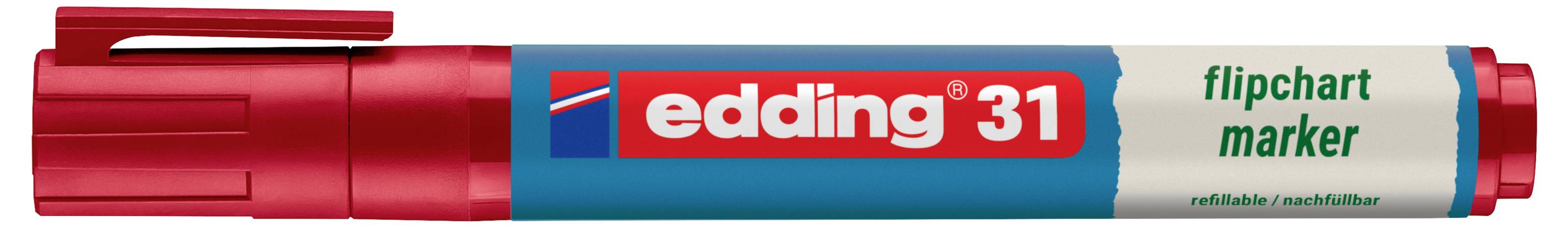 Rød Edding 31 flipchart-marker med bredt skråtsnit og blåhvidt etiket, vist i sidevisning.