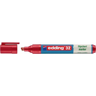 En rød whiteboard-marker af mærket edding 32 EcoLine med fjernet hætte og en rød streg forneden.