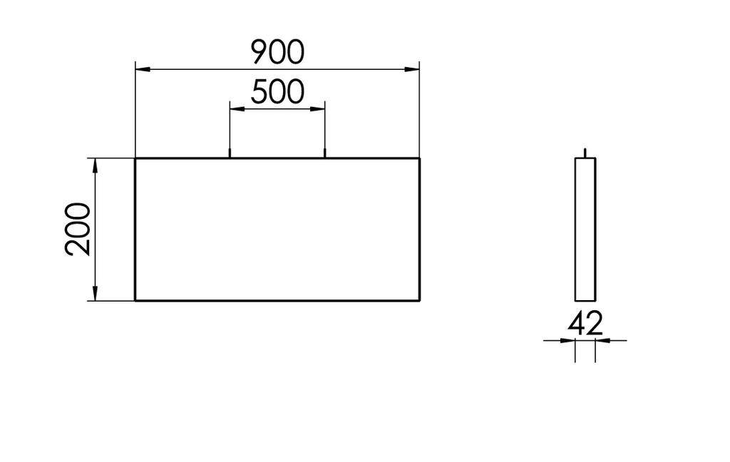 Teknisk tegning af et rektangulært legeme: Mål 900x200 mm, tykkelse 42 mm. Et indre område er markeret med en bredde på 500 mm.