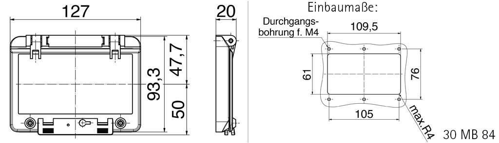 Teknisk tegning af en rektangulær komponent med dimensioner: 127 mm bred, 93,3 mm høj, monteringsmål og hulmål.