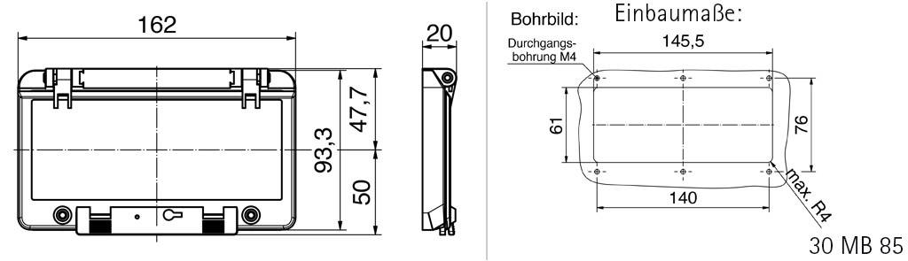Teknisk tegning af et rektangulært komponent med følgende dimensioner: Længde 162 mm, bredde 93,3 mm, højde 50 mm. Inkluderer monteringsvejledning og boremønster.