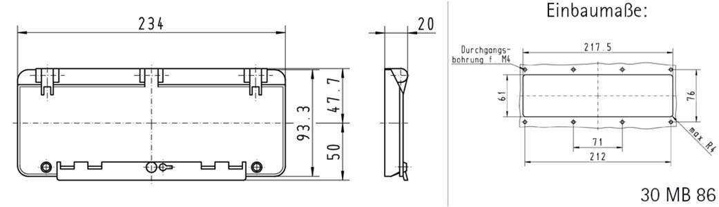 Teknisk tegning af et rektangulært hus med nøjagtige dimensioner: Længde 234 mm, bredde 93,3 mm, højde 50 mm.