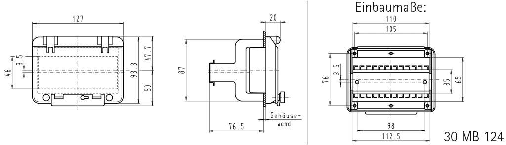 Teknisk tegning af en rektangulær komponent med dimensioner; bredde: 127 mm, højde: 76,5 mm, dybde: 87 mm. Tresiders visning.