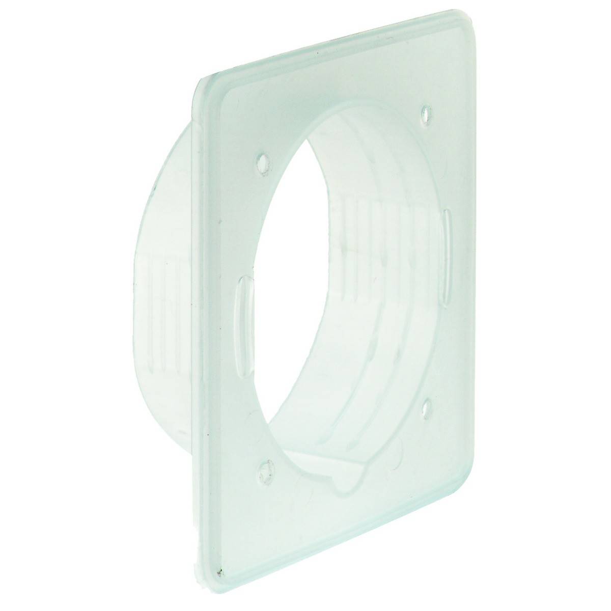 Plastikrundstykke med rektangulær yderplade, bruges til ventilationsanlæg til forbindelser mellem rør gennem vægge eller lofter.