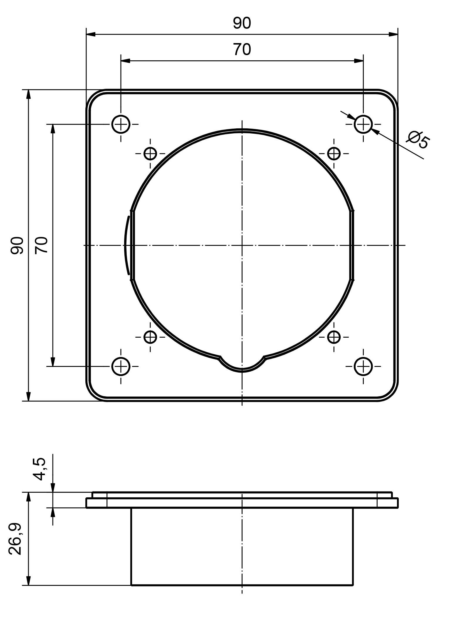 Konstruktionstegning af en firkantet afdækning med mål: 90 mm bredde, 90 mm højde, 70 mm indre cirkel; sidevisning 4,5 mm højde.