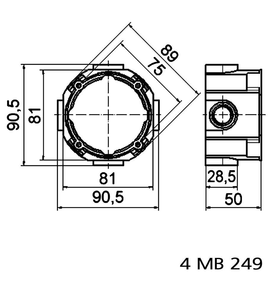 Teknisk tegning af en komponent med mål: Forfra vises en diameter på 81 mm, fra siden 28,5 mm dybde, nummer 4 MB 249.
