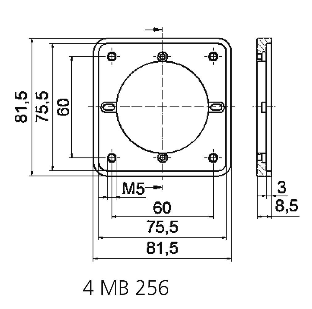 Teknisk tegning af en firkantet flange med hulmål og diametre. Mål: 81,5 mm kantelængde, M5 skruehuller. Reference: '4 MB 256'.