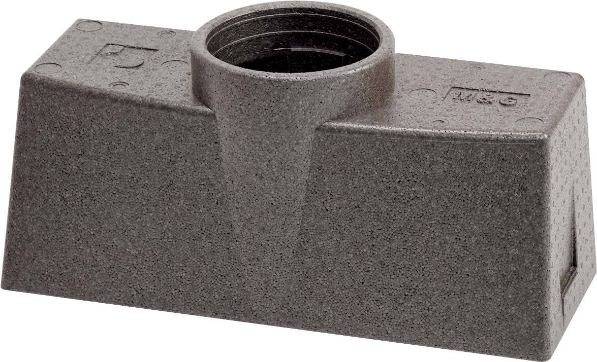 Grå plastdel med cylindrisk åbning foroven, rektangulær base, sandsynligvis til rørforbindelser eller tekniske anvendelser.
