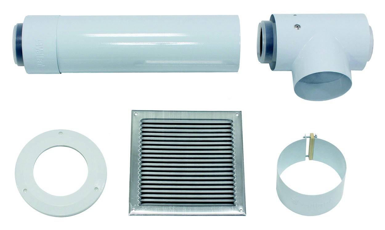 Ventilationssystem-komponenter: Rør, T-stykke, flange, ventilationsgitter og klemring. Egnet til bolig- eller erhvervsventilation.