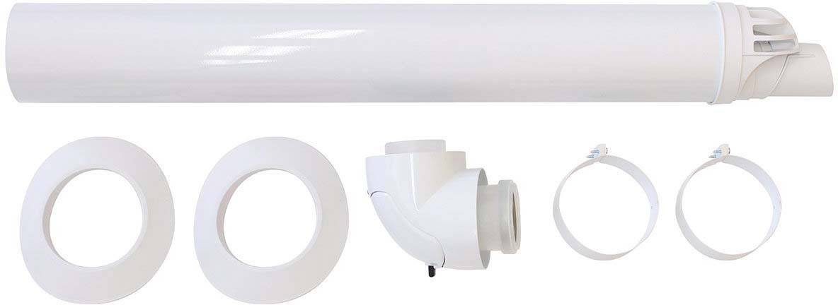 Komplet ventilationsrør bestående af et hvidt rør, en bøjning, to flangering og to monteringsbeslag.