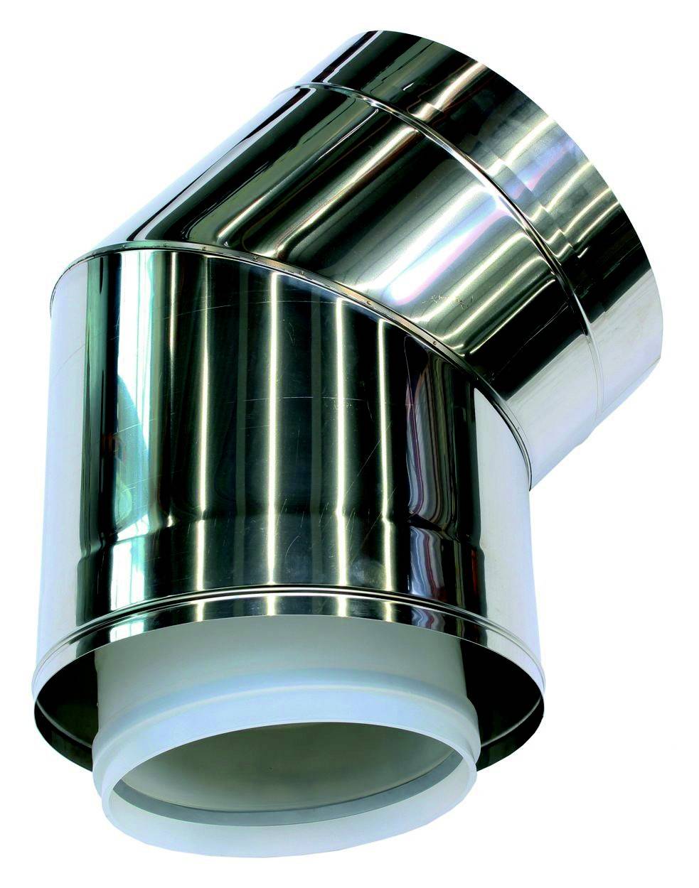 En forkromet metalrørbøjning, let skinnende, til forbindelse af skorstensafsnit eller ventilationssystemer.