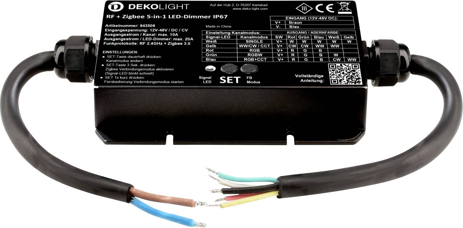 'RF + Zigbee 5-i-1 LED-dæmper IP67' viser en sort enhed med kabler. Tabellen ovenfor beskriver tekniske specifikationer.