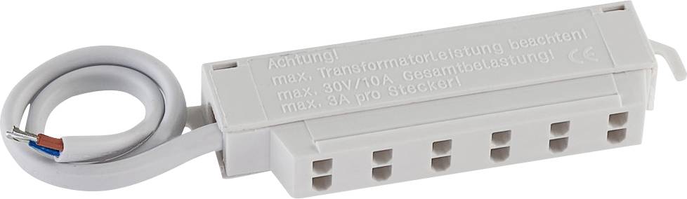 Grå-hvid multistik-adapter med seks stik og et kabel. Påskrift: 'Advarsel! Maks. 30V/10A samlet belastning'.