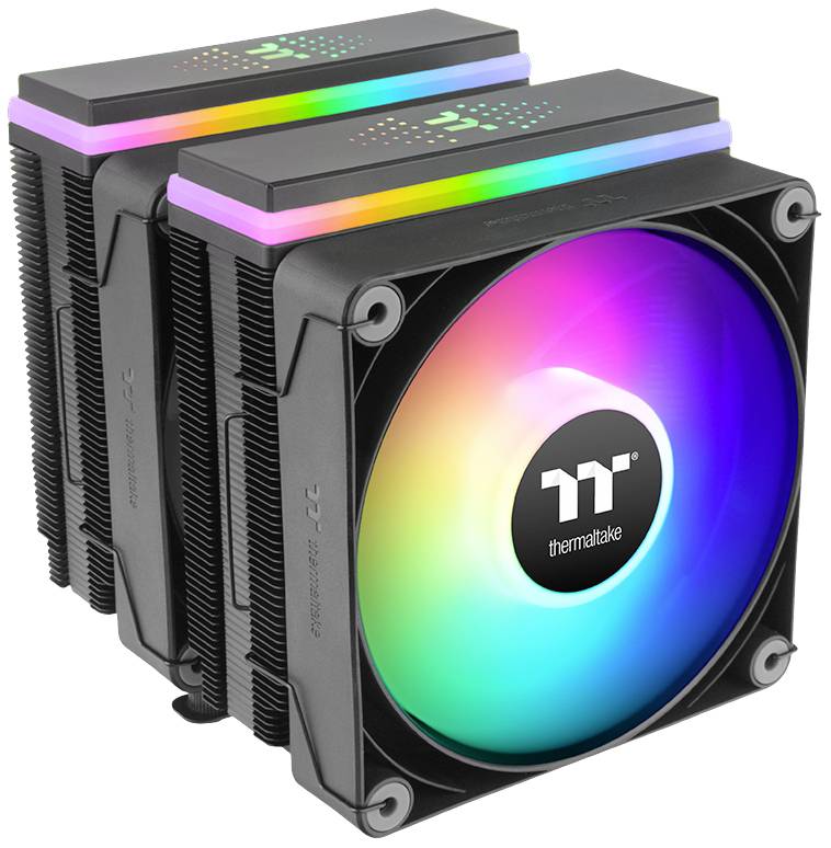En sort computerkøler med RGB-belysning, der viser logoet 'tt thermaltake' i midten.