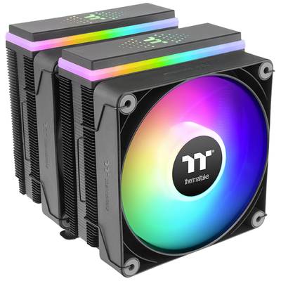 En sort computerkøler med RGB-belysning, der viser logoet 'tt thermaltake' i midten.