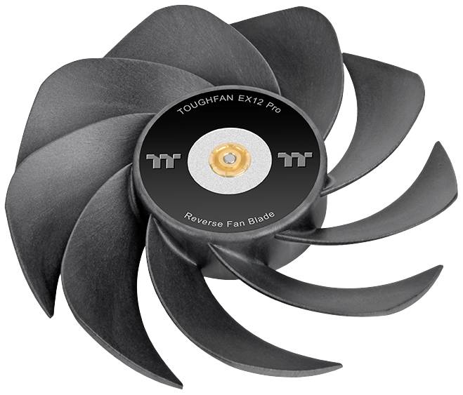 Sort blæser med otte blade, model 'TOUGHFAN EX12 Pro', egnet til køleformål, mærket 'Reverse Fan Blade'.