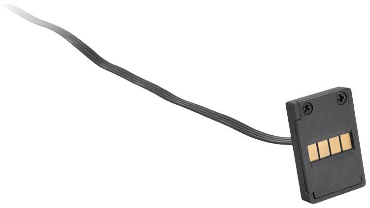 En rektangulær sort sensor med et tilsluttet kabel. På sensoren ses flere gyldne kontakter.