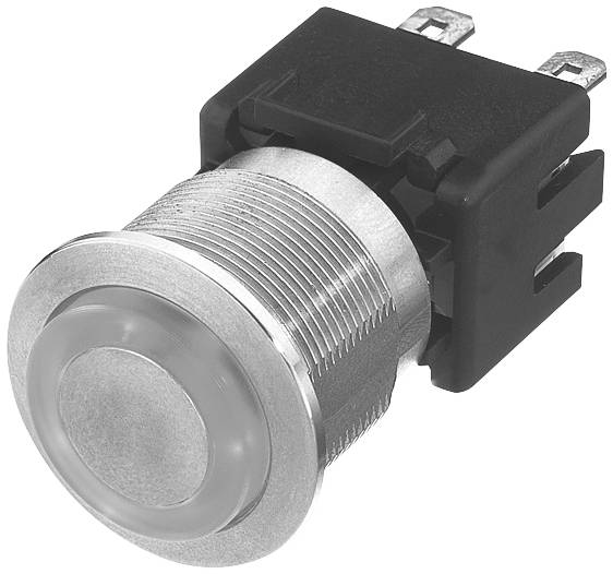 Trykknap med metalindfatning og sort holder, velegnet til elektroniske kredsløb eller styringssystemer.