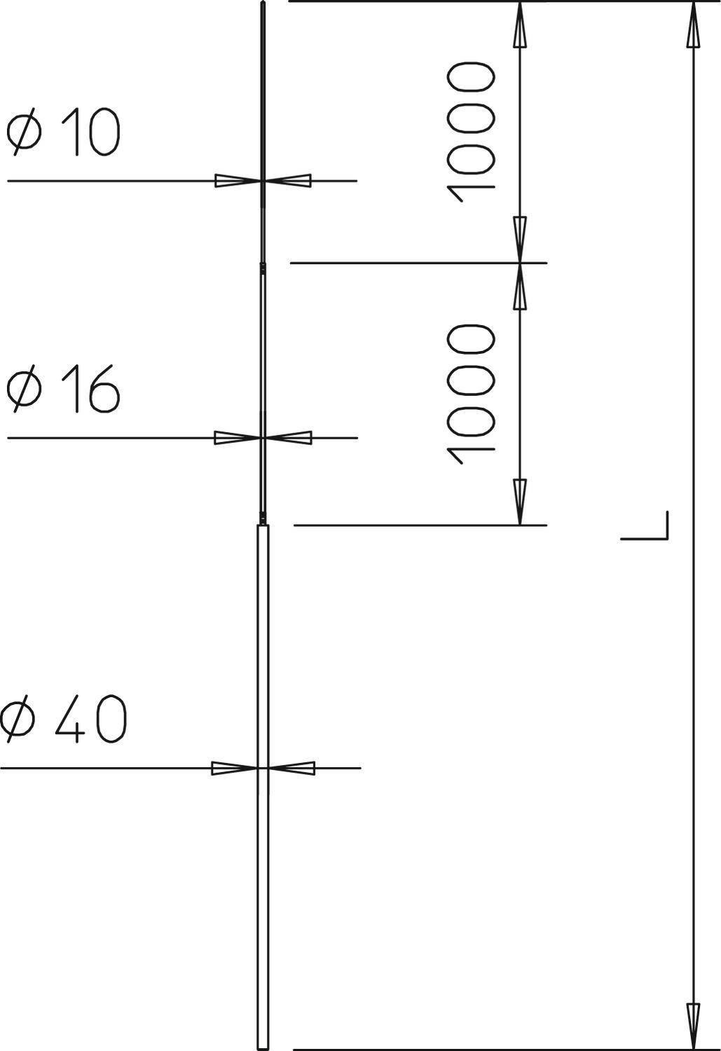 Teknisk tegning af et rør med diametre (Ø 10, 16, 40) og længdeangivelser for to sektioner, hver 1000 mm lang.