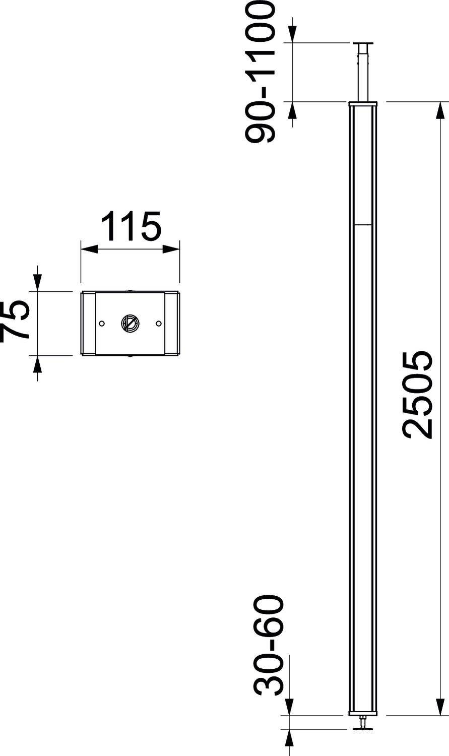 Teknisk tegning af en lodret komponent med følgende mål: Længde 2505 mm, bredde 115 mm, højdejusterbar 90-1100 mm, bundplade 30-60 mm.