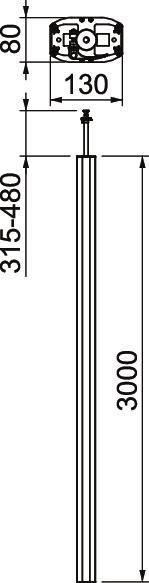 Teknisk tegning af en cylinder med dimensioner: Længde 3000 mm, samlet længde 315-480 mm, bredde 130 mm, højde 80 mm.