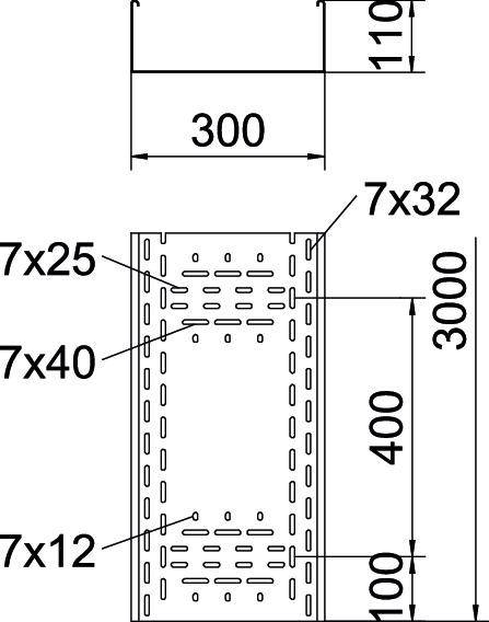 Teknisk tegning af en metalbærende konstruktion med dimensioner: Længde 3000 mm, Bredde 300 mm, Højde 110 mm. Forskellige hulstørrelser markeret.