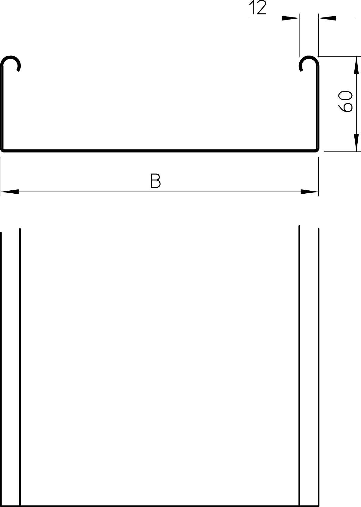 Teknisk tegning af en metalprofilprofil med krumning øverst, bredde 'B', samlet højde på 60 mm og krumningshøjde på 12 mm.