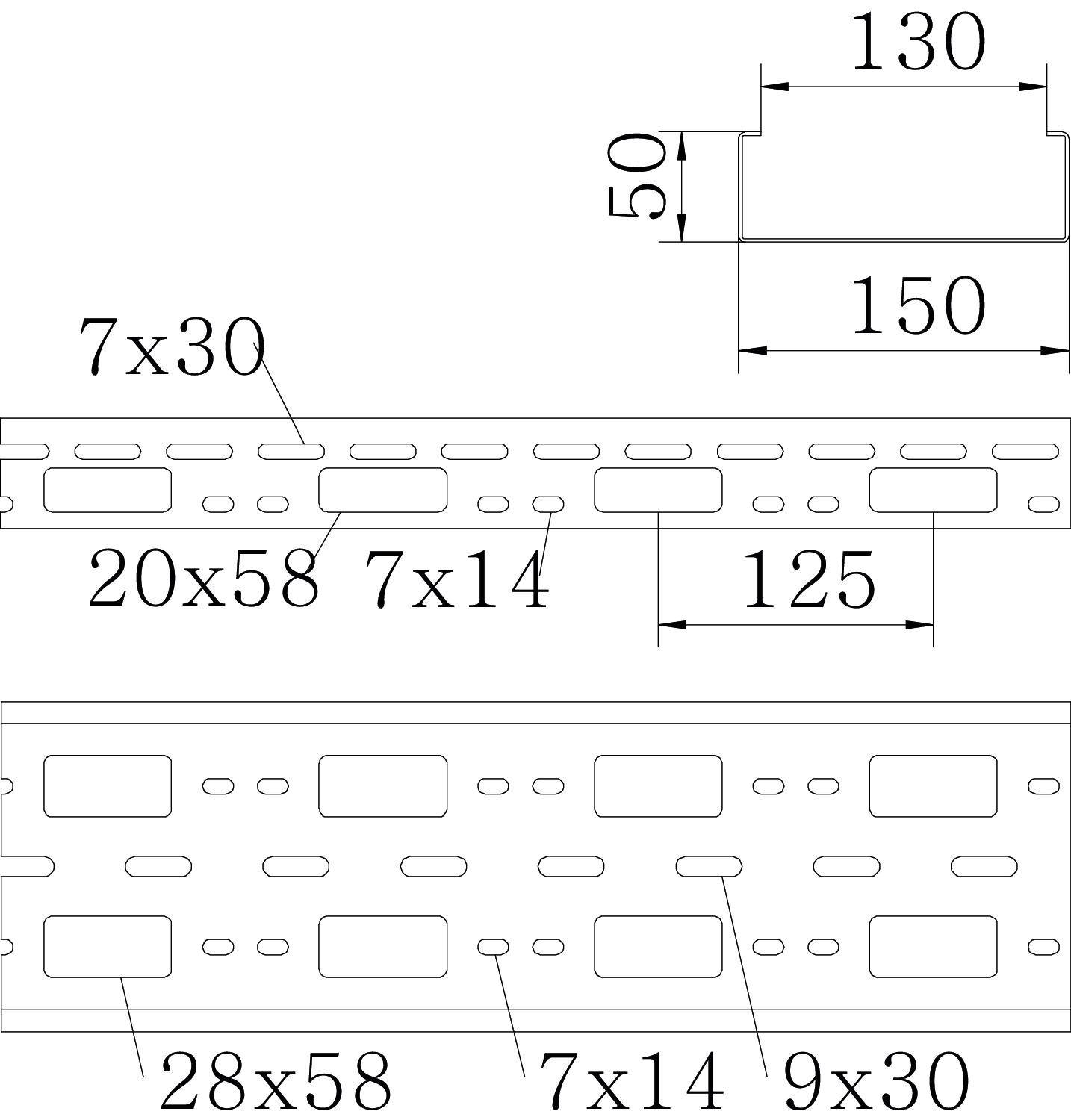 Teknisk tegning af en metalcylinder med følgende dimensioner: Bredde 150 mm, højde 50 mm, og detaljerede hulstørrelser som 7x30, 20x58 mm.