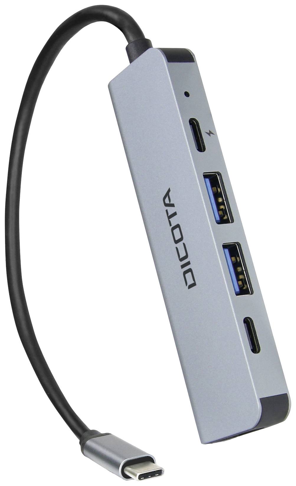 En sølvfarvet USB-C hub med flere porte, herunder to USB-A-porte, en USB-C-port og en HDMI-port.