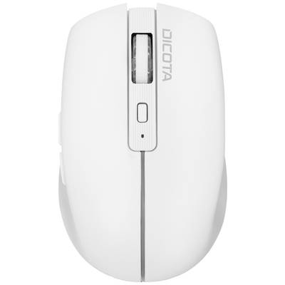 Hvid trådløs computer-mus med scrollhjul og mærket 'Dicota' på oversiden.