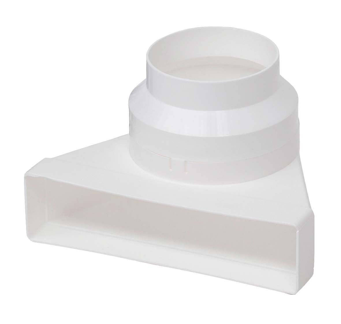 En hvid forbindelsesadapter i plast med en rund og en firkantet ende, egnet til ventilationssystemer.