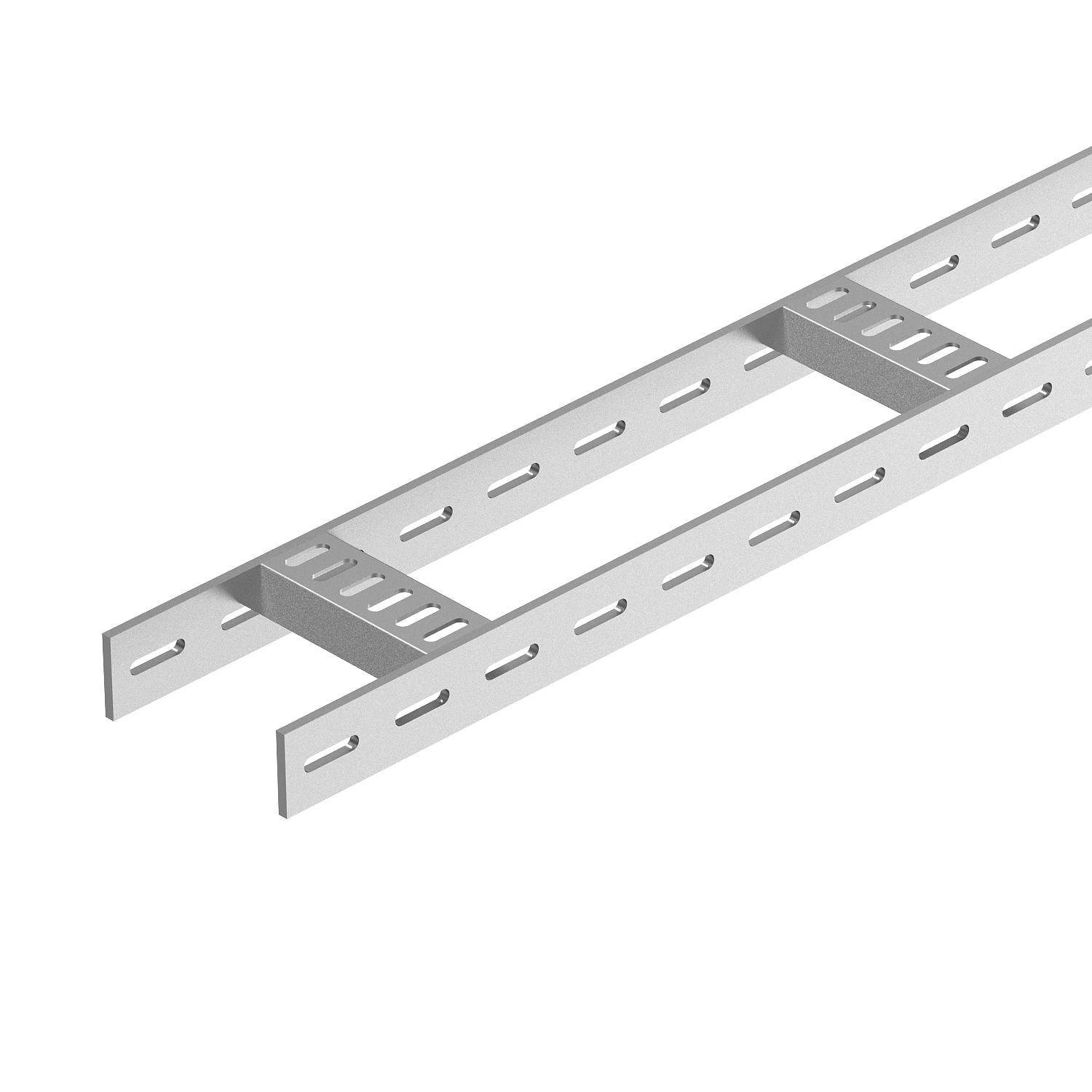 Metallisk kabelrende-system, horisontalt fremstillet, med kvadratiske ventilationsåbninger på siderne og i bunden.
