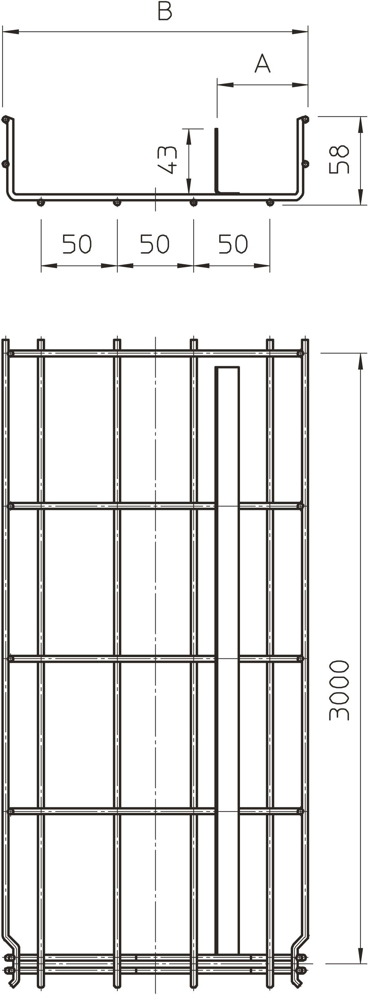 Teknisk tegning af et metaltrådgitter-hegn med dimensioner: Bredde 'B', højde 3000 mm. Profiler: 58 mm høje, 43 mm dybe, med 50 mm mellemrum.