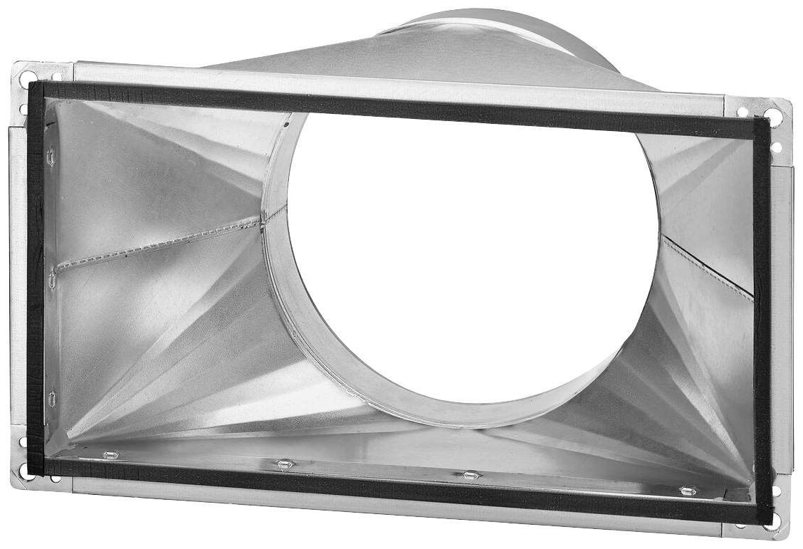 En rektangulær metalventilationskanal, der indsnævres til en rund tilslutning, foran en hvid baggrund.