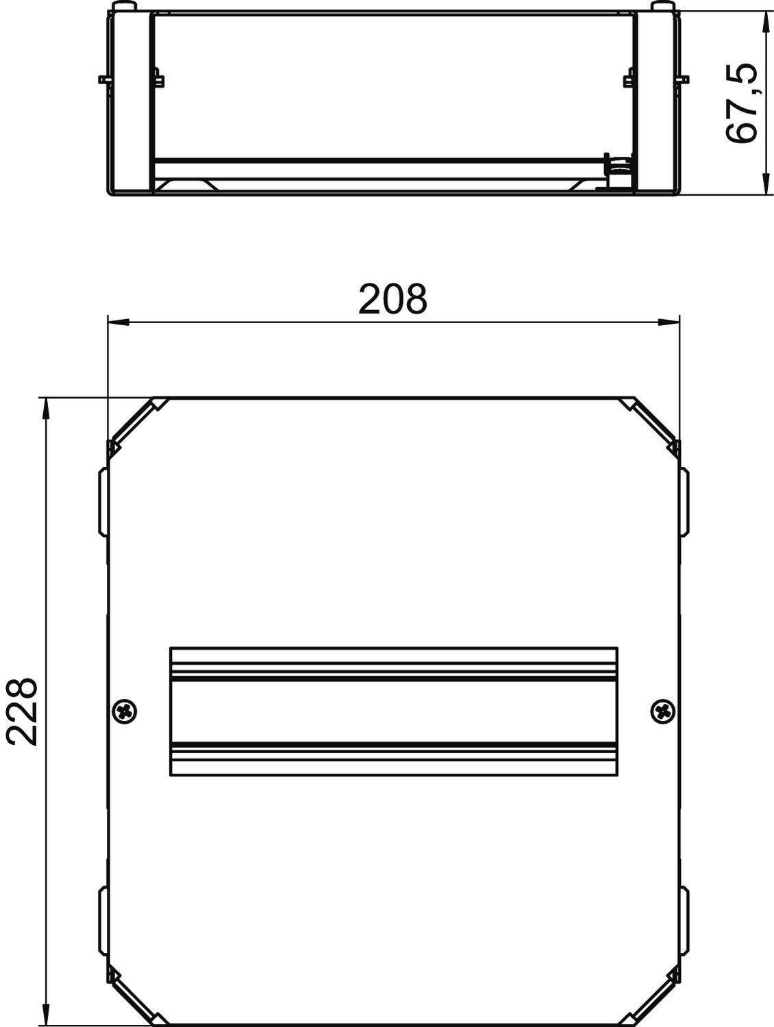 Teknisk tegning af et rektangulært apparat med følgende mål: 208 mm bredde, 228 mm højde, 67,5 mm dybde. Viser top- og sideview.