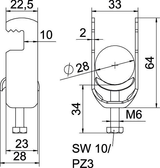 Teknisk tegning af en metalkomponent med dimensioner: 22,5 mm bredde, 64 mm højde, M6-skrue, 28 mm bredde ved basis.