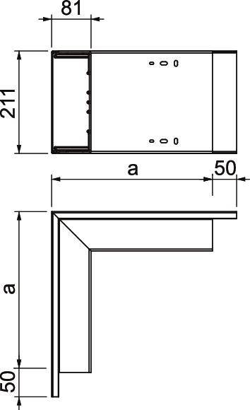 Teknisk tegning af en retvinklet metalprofil, mål: 211 mm længde, 81 mm bredde, hver ende 50 mm høj.