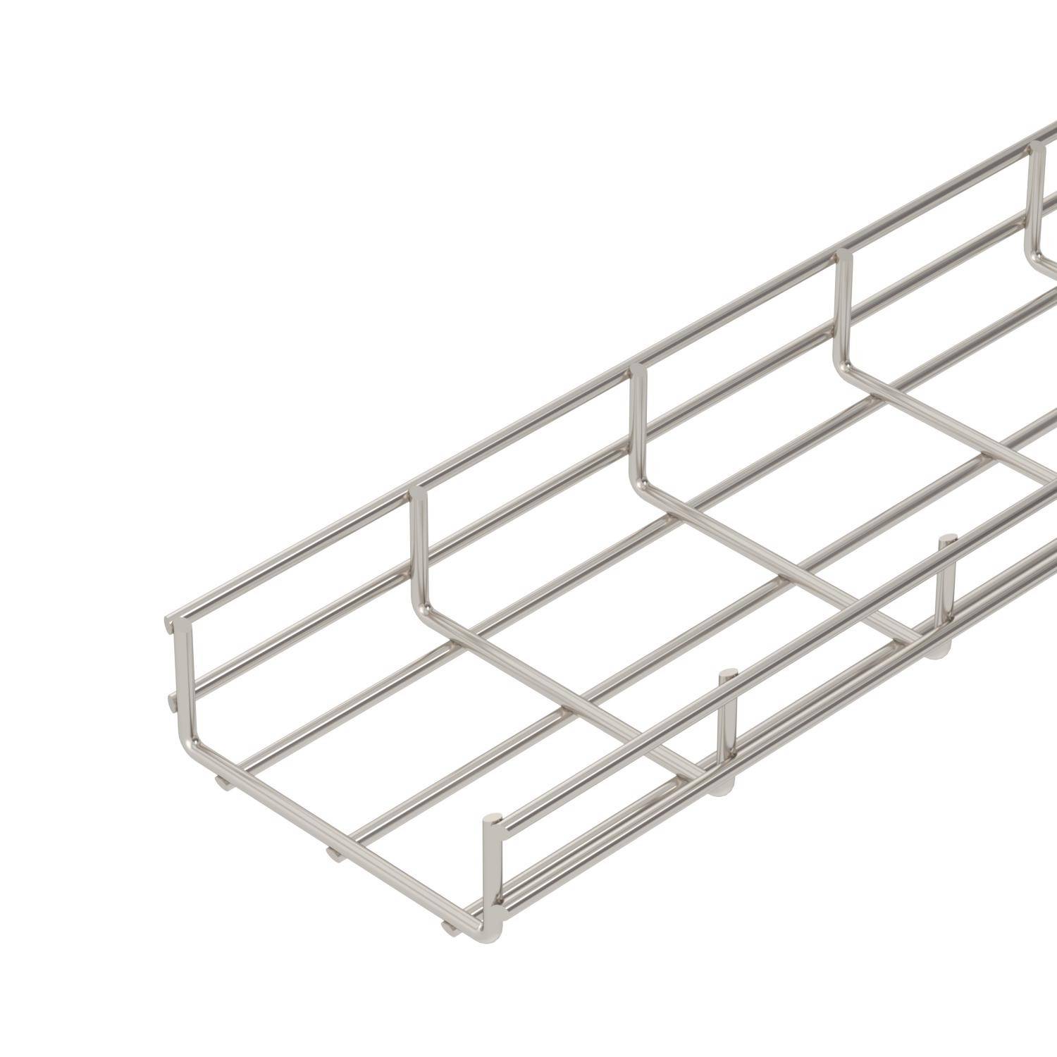 Sølvfarvet kabelopbevaringskurv i metal med trådgitterdesign til montering under bordet, perfekt til organisering af kabler og stikdåser.