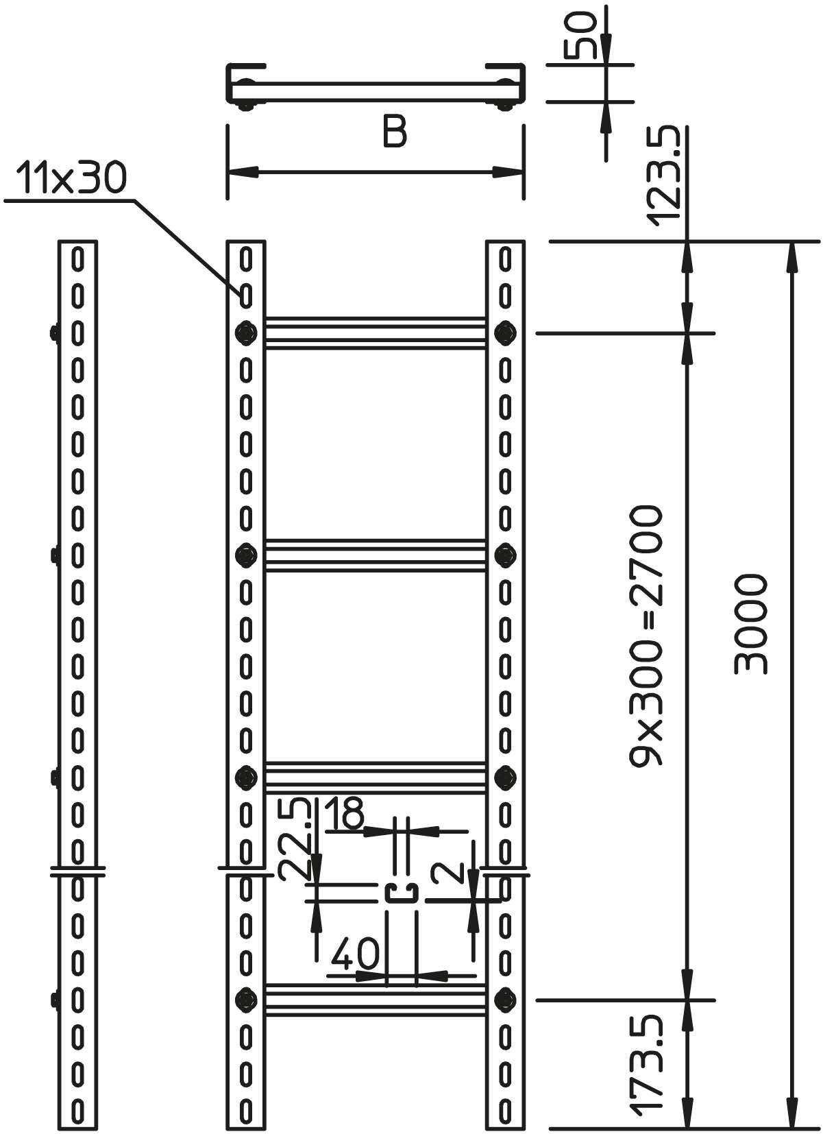 Teknisk tegning af en reol med mål i millimeter. Viser bredde, højde og detaljer om borehul til konstruktion eller design.