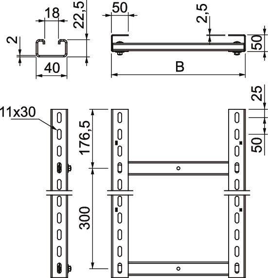 Tegning af en metalreolholder med mål: Bredde 50 mm, Højde 300 mm. Detaljer: Hulraster 11x30 mm, hulafstande, profilvisning.