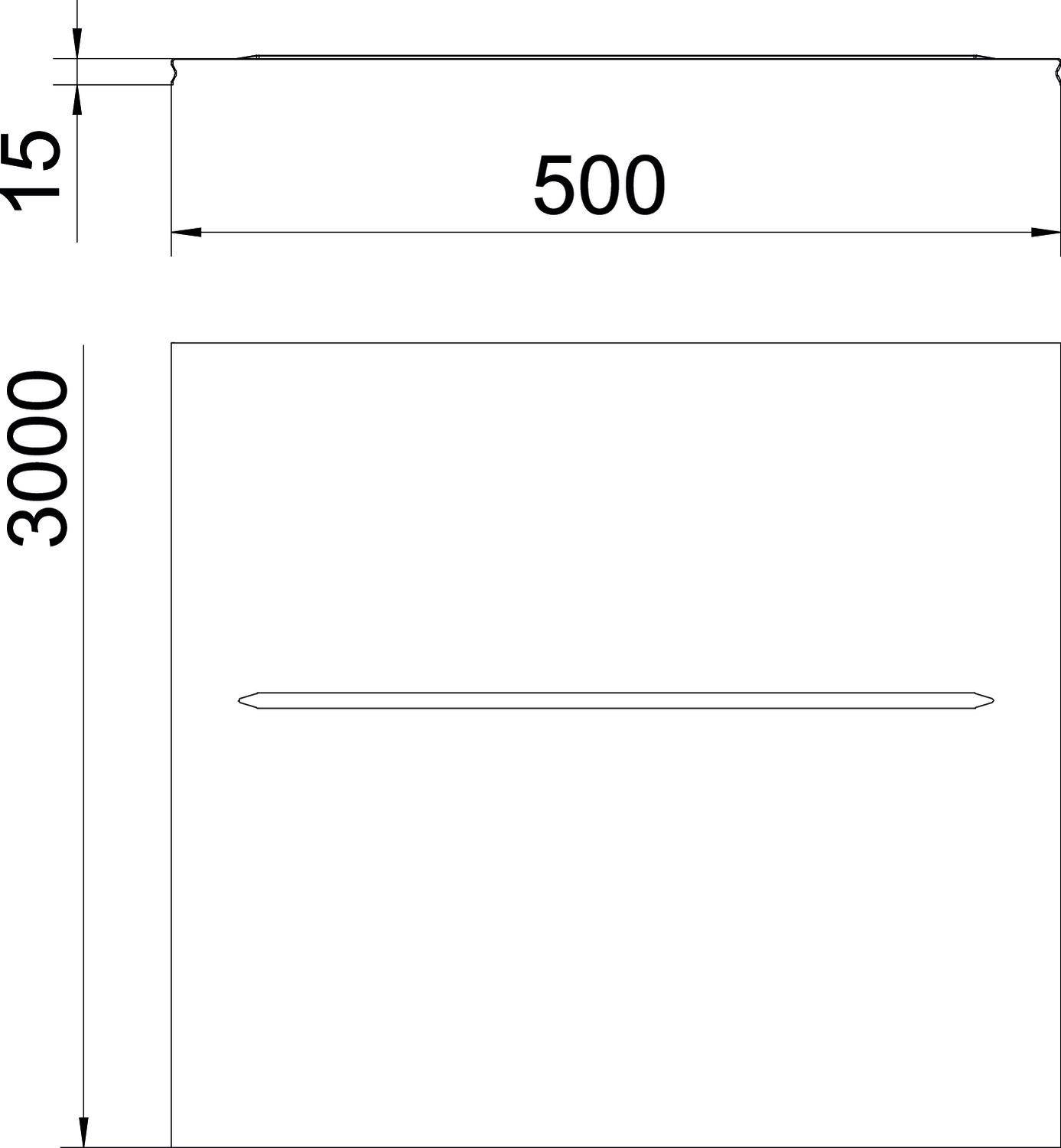 Diagram viser målene for et firkantet objekt: 3000 mm sidelængde, 500 mm åbning. Yderligere detaljer ikke specificeret.