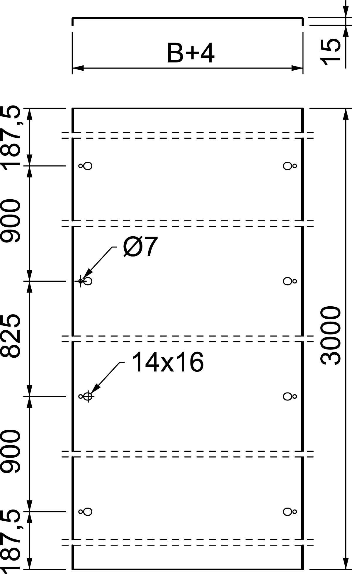 Teknisk tegning af stålplade. Mål: 3000 x (B+4). Huldiameter Ø7 og 14x16. Afstande: 187,5, 825, 900 mm.
