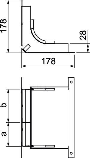 Teknisk tegning: Side- og topview af en komponent med dimensioner på 178 mm og 28 mm. Viser vinkler og fastgørelsespunkter.