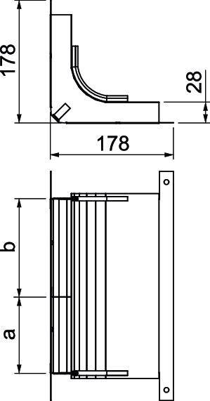 Teknisk tegning af en komponent med dimensionerne 178 mm bredde, 28 mm højde. Sidevisning øverst, set oppefra nederst.