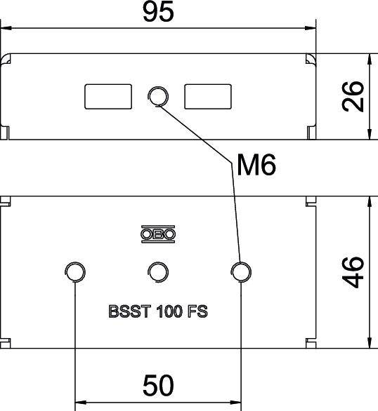 Teknisk tegning af et rektangulært komponent med påskriften 'BSST 100 FS'. Mål: 95 x 50 x 46 mm. Skruehuller og M6-gevind vist.