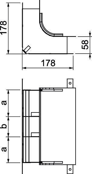 Teknisk tegning af en komponent med side- og frontvisning. Mål: Højde 178 mm, dybde 58 mm, bredde 178 mm. Viser kanter og monteringspunkter.
