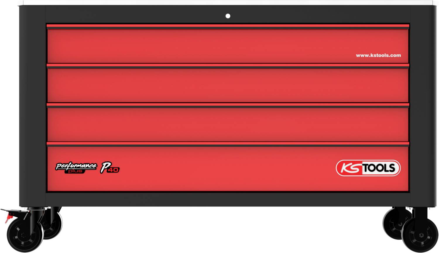 Rød værktøjskasse med fire skuffer og hjul. Mærkenavnene 'KS Tools' og 'Performance P120' synlige på forsiden.
