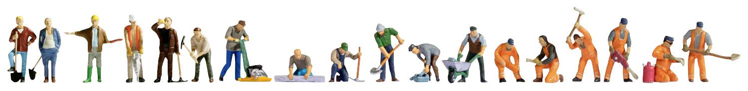 En række modellfigurer i forskellige positurer fremstiller mennesker på arbejde, herunder bygningsarbejdere og håndværkere.